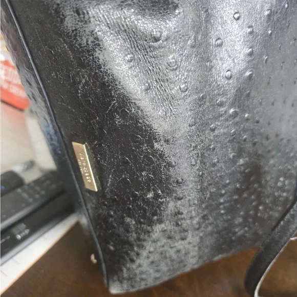 Kate Spade Ostrich Leather Travel Tote Handbag Women Black Pebbled Bow Large - Picture 12 of 16